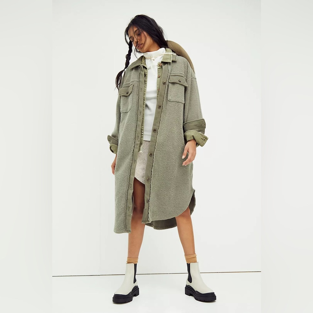 Free People Long Ruby Jacket Size XS Dirty Olive Green Fleece - Picture 15 of 15